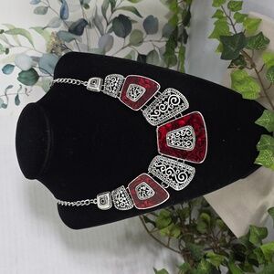 Boho Art Red and Silver Statement Necklace
